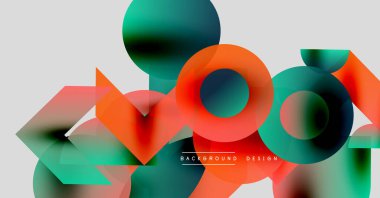 Soyut geometrik şekiller örtüşüyor, canlı renk eğimleri yaratıyor. Modern tasarım öğeleri akıcılık, dinamizm, yenilik.