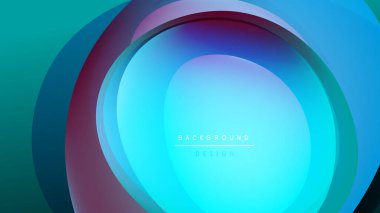 Soyut katmanlar dairesel tasarım yaratır. Canlı maviler, morlar, kırmızılar koyu arka planda karışıyor. Modern, pürüzsüz estetik.