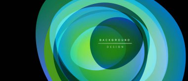 Soyut katmanlı şekiller canlı dairesel tasarım yaratır. Yeşil, mavi renkler harmanlanarak, dinamik görsel efekt oluşturur. Modern arkaplan ögesi.