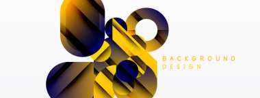 Abstract geometric shapes overlap, creating dynamic golden, navy visual. White background provides contrast, modern feel.