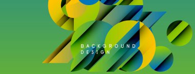 Abstract geometric shapes overlap, creating vibrant green, blue, yellow gradients. Modern design elements suggest dynamic composition.