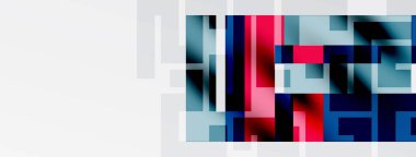 Soyut geometrik şekiller, çoğunlukla dikdörtgenler, görüntüye hakimdir. Renkler kırmızı, mavi, gri, beyaz. Minimalist tasarım, modern estetik.