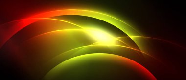 Soyut parlak ışık eğrileri merkezi parlak noktadan yayılır. Renkler karışır, dinamik görsel efekt yaratır. Koyu arkaplan aydınlığı vurgular.