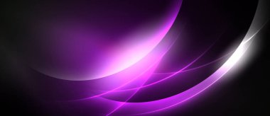Soyut mor dalgalar, parlak ışık kaynağı. Düz eğriler dinamik, akıcı bileşim yaratır. Koyu arkaplan aydınlığı vurgular.