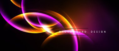 Soyut neon ışıklar dinamik kıvrımlar yaratır, koyu arkaplan karşısında canlı renkler. Dijital projeler için modern tasarım ögesi.