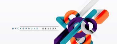 Soyut geometrik şekiller örtüşür, dinamik görsel efekt yaratır. Parlak renkler beyaz arkaplan ile tezat oluşturur. Modern tasarım ögesi.