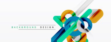 Soyut geometrik şekiller örtüşür, dinamik bileşim yaratır. Parlak renkler beyaz arkaplan ile tezat oluşturur. Modern tasarım ögesi.