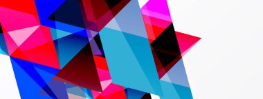 Soyut geometrik şekiller örtüşür, canlı renk blokları oluşturur. Pembe, mavi, kırmızı baskın kompozisyon. Modern tasarım elemanları.