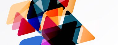 Soyut geometrik şekiller örtüşür, canlı renk karışımları yaratır. Üçgenler bileşime hükmediyor, dinamizmi ve enerjiyi akla getiriyor. Minimalist tasarım.