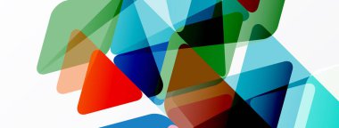 Soyut geometrik şekiller örtüşür, canlı renk karışımları yaratır. Üçgenler bileşime hükmediyor, dinamik hareketi gösteriyor..