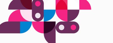 Soyut geometrik şekiller örtüşür ve canlı bir bileşim yaratır. Pembe, mor, mavi renkler dizaynda baskın. Modern, eğlenceli estetik..