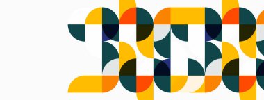 Soyut geometrik desen. Çemberler, yarım daireler metin illüzyonu yaratır. Turuncu, deniz mavisi, sarı renkler tasarımda baskın. Minimalist estetik.