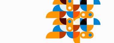 Soyut geometrik desen. Çemberler, yarım daireler karmaşık tasarım yaratır. Turuncu, kahverengi, mavi renkler beyaz arkaplana hakim. Modern estetik.