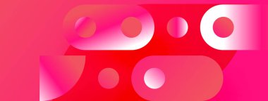 Soyut bileşim canlı pembe, kırmızı şekiller içerir. Daireler, ovalar üst üste binerek dinamik görsel efekt yaratır. Modern tasarım.