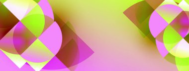 Soyut kompozisyon, üst üste binen daireler, canlı pembeler, yeşiller, sarılar. Gradyan arkaplan yumuşak görsel efekt yaratır.