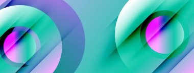 Üst üste binen daireler, canlı turkuaz, morumsu renkler içeren soyut kompozisyon. Modern tasarım, pürüzsüz gradyanlar dinamik görsel efekt yaratır.