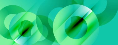 Üst üste binen daireler, girdaplar, gradyanlar içeren soyut bir kompozisyon. Teal, açık yeşil renkler tasarımda baskın. Modern, akışkan estetik.