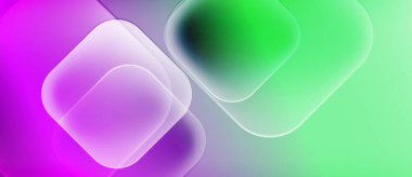 Soyut şekiller canlı mor, yeşil renkleri harmanlıyor. Yumuşak eğimler ışık saçan, akan bir etki yaratır. Modern tasarım, dijital sanat.