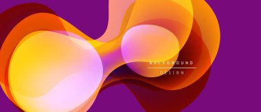 Soyut akışkan şekiller, canlı turuncu, mor arkaplan üzerinde sarı renkler. Modern tasarım ögesi, dinamik bileşim.