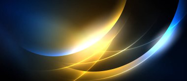 Soyut tasarım akış çizgileri, canlı maviler, altınlar. Dinamik eğriler karanlık arka plana karşı parlak bir etki yaratır. Modern, şık bir sunum.