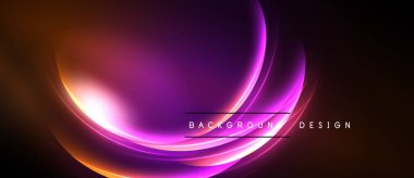 Soyut enerjik kıvrımlar, parlak çizgiler, mor renkler dizaynın hakimi. Turuncu aksanlar dinamik görsel efekt yaratır. Arkaplan siyah.