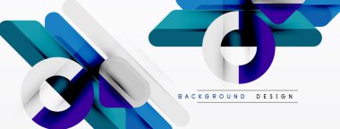 Soyut geometrik çizgiler, şekiller dinamik bileşim yaratır. Mavi, beyaz, mor renkler tasarımda baskın. Modern estetik.