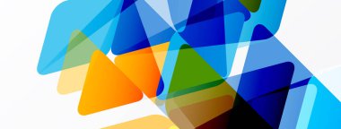 Soyut geometrik şekiller çakışıyor. Mavi, yeşil, turuncu renkler kompozisyona hakim. Minimalist tasarım, temiz estetik. Parlak renkler dinamik görsel efekt yaratır.