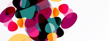 Soyut şekiller örtüşür, canlı renk karışımları yaratır. Pembe, deniz mavisi, mor, turuncu beyaz arka plana hakim. Modern tasarım ögesi.