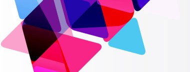 Soyut geometrik şekiller örtüşüyor, canlı renk kalıpları yaratıyor. Pembe, mavi, mor, kırmızı beyaz arka plana hakim. Modern tasarım.