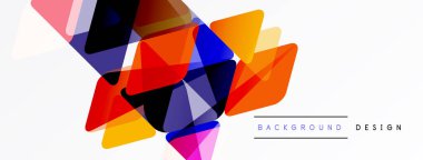 Soyut geometrik şekiller örtüşür, canlı renkli tasarım yaratır. Modern tarz, arka planlar ve sunumlar için uygun.