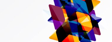 Soyut geometrik şekiller örtüşür, canlı renk blokları oluşturur. Kompozisyon dinamik açılar, kalın renkler, modern tasarım içerir..