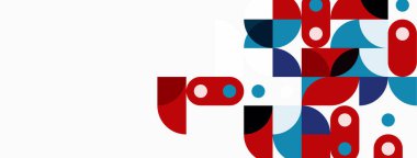 Soyut geometrik şekiller, kırmızı, mavi daireler, kareler üst üste biner. Modern tasarım, basit kompozisyon, canlı renkler.