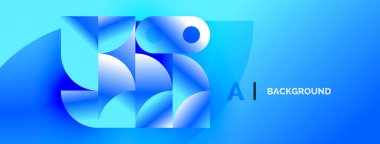 Soyut mavi şekiller dinamik bileşim yaratır. Renkler derinliği, teknolojiyi ve yeniliği işaret ediyor. Modern tasarım ögesi.