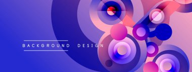 Soyut arkaplan canlı daireler, kıvrımlar, gradyanlar içerir. Modern tasarım mavi, mor ve pembe renkleri kullanır. Metin arkaplan tasarımı okur.