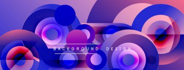 Soyut daireler örtüşüyor, canlı mor, pembe ve mavi renkler yaratıyor. Arkaplan, pankart ve sunumlar için modern tasarım ögesi.