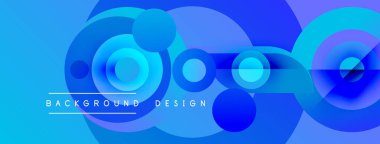 Soyut mavi daireler dinamik arkaplan oluşturur. Gradyan gölgeler derinlik sağlar, modern estetik. Metin etiketleri tasarım ögeleri.