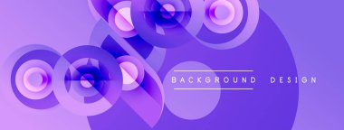 Soyut mor tasarım, üst üste binen daireler. Gradyan gölgeler derinlik yaratır, modern estetik. Metin arkaplan tasarımı okur.