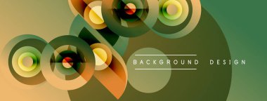 Soyut tasarım özellikleri üst üste binen daireler, gradyanlar. Sıcak tonlar baskın, modern görsel efekt yaratıyor. Arkaplan metin ögelerini içerir.
