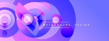 Soyut canlı tasarım, üst üste binen daireler, gradyanlar. Mor, mavi renkler kompozisyona hakim, modern estetik yaratıyor..