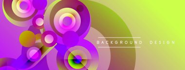 Soyut canlı tasarım daireler, girdaplar, gradyanlar içerir. Mor, sarı renkler kompozisyona hakim. Modern estetik.