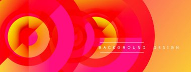 Soyut, enerjik çemberler çakışıyor. Renkler sarı, turuncu ve pembeden dönüşüyor. Arkaplan ve sunumlar için modern tasarım ögesi.