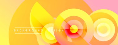 Soyut tasarım, üst üste binen daireler, canlı sarı, turuncu, pembe renkler. Modern estetik, arka planlar ve sunumlar için uygun..