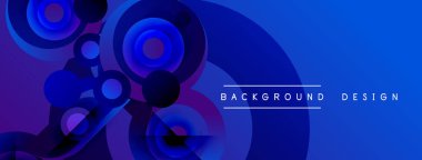 Abstract blue background features overlapping circles, creating dynamic visual effect. Gradient shades add depth, modern aesthetic.