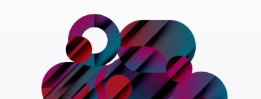 Soyut geometrik şekiller, canlı renkler, üst üste binen formlar dinamik bileşim oluşturur. Modern tasarım, temiz çizgiler, görsel uyum.