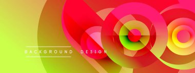 Soyut canlı tasarım, üst üste binen daireler, gradyanlar. Sarı, kırmızı, yeşil renkler dinamik görsel efekt yaratır. Modern arkaplan.