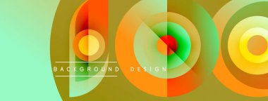 Soyut çemberler çakışıyor, canlı gradyanlar yaratıyor. Modern tasarım deniz mavisi, turuncu, sarı renkler içerir. Metin arkaplan tasarımı okur.