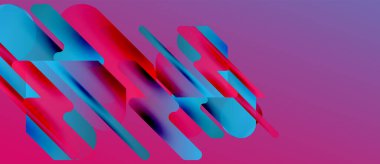 Soyut şekiller örtüşür, dinamik bileşim yaratır. Canlı pembeler, mor arkaplan ile mavi kontrast. Modern tasarım elemanları.