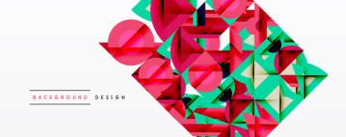 Soyut geometrik şekiller canlı bileşimler yaratır. Kırmızı, deniz mavisi renkleri modern estetik sunarak tasarıma hakim. Mevcut en küçük metin.