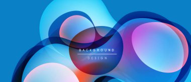 Soyut sıvı şekilleri örtüşür, parlak mavi, mor ve turuncu renkler yaratır. Metin, kompozisyon içinde arkaplan tasarımı okur. Modern estetik.