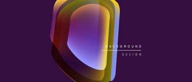 Soyut geometrik şekil mor arkaplan üzerinde hakimdir. Katmanlar derinlik yaratır, canlı renk eğimleri modern tasarım elementini sunar.